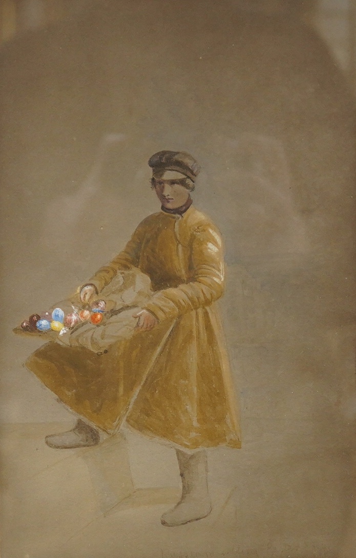 19th century, Russian School, three watercolours and mixed medias, Full length figural studies, each inscribed St Petersburg, 1865 in pencil, together with six advertising prints to include Cunard White Starline and P&O